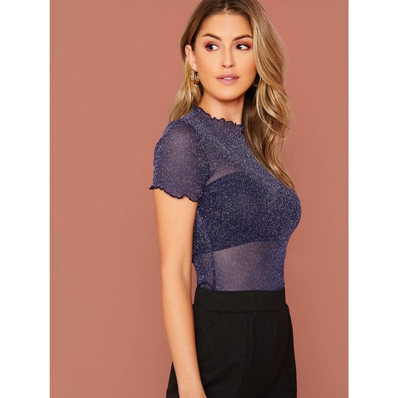 Glitter Sheer Mesh Lettuce Edge Top black metallic glitter - Picture 5 of 9